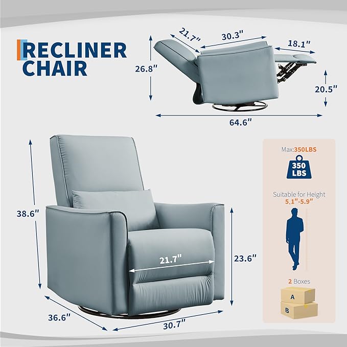 IDEALHOUSE Swivel Rocking Nursery Recliner Chair Rocker Recliner Glider Deep Seat PU Leather Sofa Chair with high Backrest for Nursery Living Room Bedroom &amp Home Movie Theater (Gray)