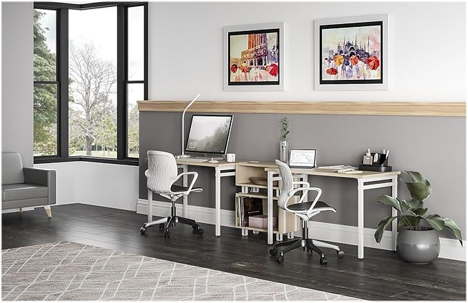 Safco Modern Home Office Desk Beige Wood Laminate White Powder Coat Steel Frame