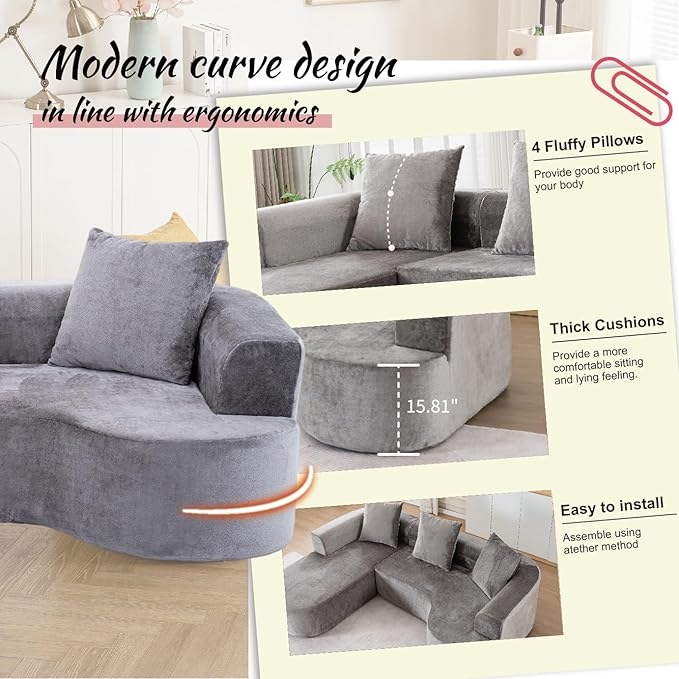 100''Oversized Sectional Sofa with Chaise for Living RoomModern Luxury Chenille 3-Seater Sofa Extra Wide Seat L-Shape Curved Cloud Couch with 3 Throw Pillows (Gray 100)