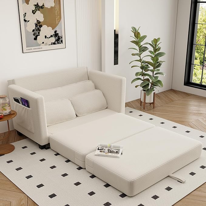 Convertible Sofa Bed Loveseat Sleeper Sofa with Side Storage &amp Solid Wood Frame Corduroy Small Couch Bed for Small Space Pull Out Floor Couch for Apartment Guest (Beige 51)