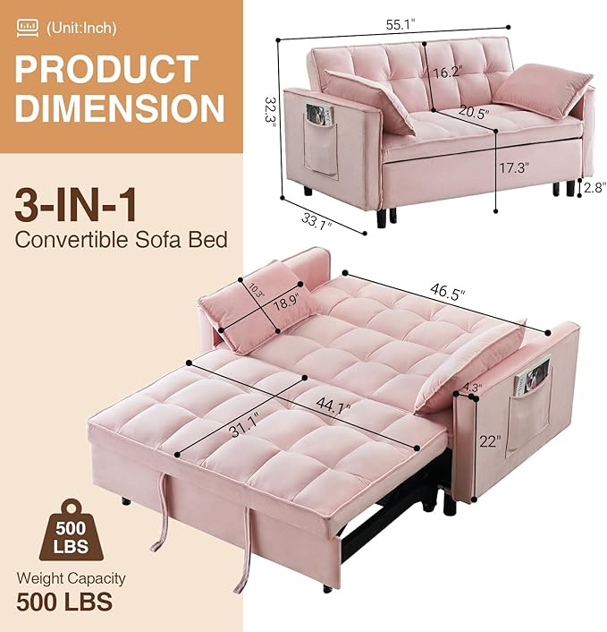3 in 1 Convertible Sleeper Sofa Bed Modern Velvet Loveseat Pull-Out Couch w/Pullout Bed Small Love Seat Lounge Sofa w/Reclining BackrestToss Pillows Pockets for Living Room (Pink 55.1)