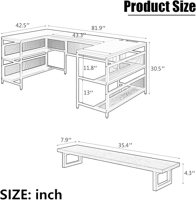 Penau U Shaped Computer Desk with LED Strip L Shaped Desk with Storage Shelves Vintage Style Home Office Gaming Desk