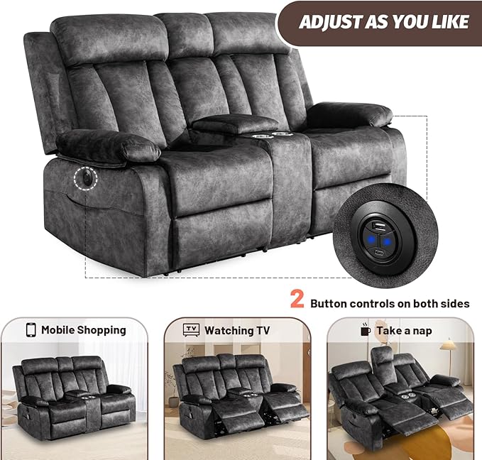 Power Reclining Loveseat with Console Loveseat Recliner Sofa with Massage &amp Heat Perfect Electric Couch for Living Room (Gray)