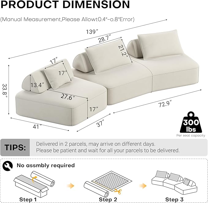 139 Modern Curved Sofa Cloud Sectional Couch with Adjustable Backrest Oversized Deep Seat Compressed Couch for Living Room Apartment No Assembly Required Chenille Fabric (Beige)