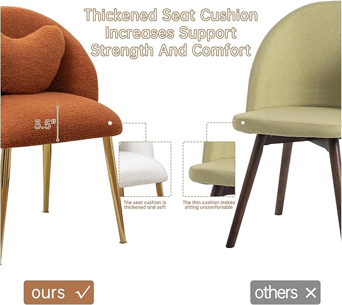Vanity ChairAccent Makeup Comfy Cute Desk Girls Fluffy Chairs for Bedroom No Wheels Gold Metal Legs Stool (Teddy Brown)