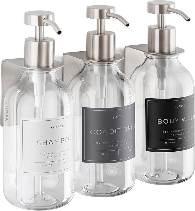 Shower Shampoo Dispenser Wall Mounted – 3 Refillable 16.9 oz Clear Bottles with Stainless Steel Pumps &amp No-Drill Adhesive Holders – Soap Dispenser Set for Bathroom (3 X Clear/Silver)