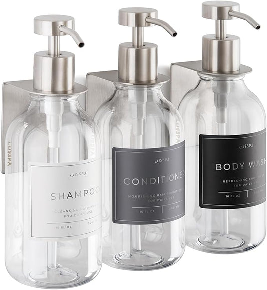 Shower Shampoo Dispenser Wall Mounted – 3 Refillable 16.9 oz Clear Bottles with Stainless Steel Pumps &amp No-Drill Adhesive Holders – Soap Dispenser Set for Bathroom (3 X Clear/Silver)