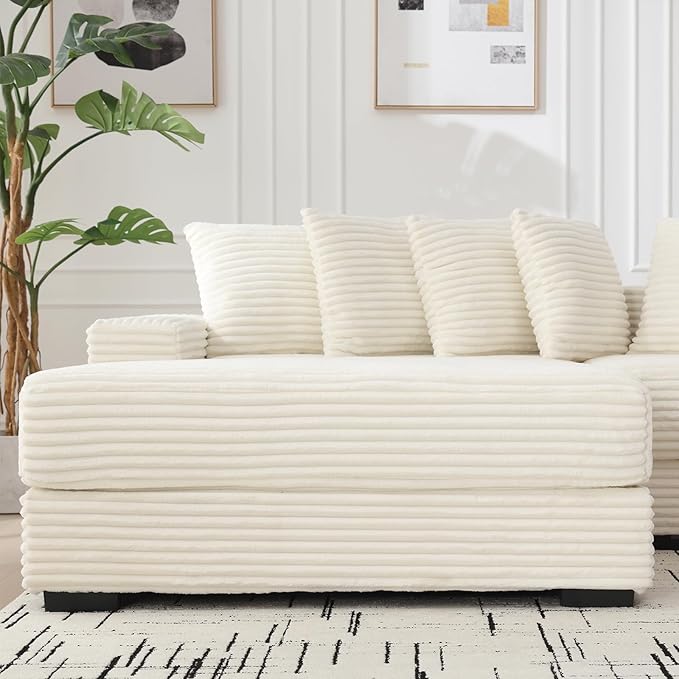 Fefances Spacious Two-Section Left-Oriented Modular L-Shaped Corduroy Sectional Couch for Living Spaces 111 Upholstered Convertible Chaise Sofa &amp Chaise Lounge with Daybed FunctionalityBeige/L.