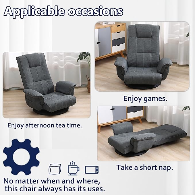 360 Degree Swivel Floor Chairs for Adults Gaming Floor Chair with Back Support 14 Angles Adjustable Comfortable Floor Lounge Chair Folding Video Game Chairs Office Bedroom 201 (Dark Grey)