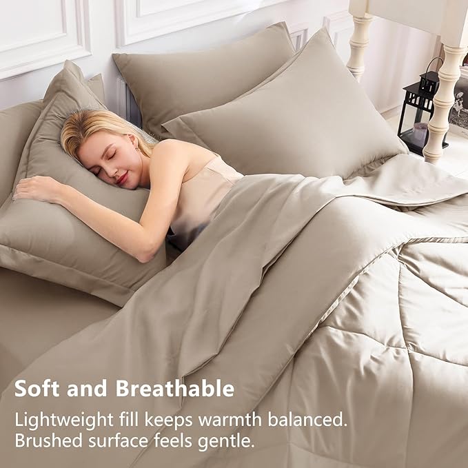 CozyLux Queen Comforter Set Khaki - Bed in a Bag Queen Size 7 Pieces Luxury Soft Bed Set for All Seasons Bedding Set with Down Alternative Comforter Sheets Pillowcases &amp Shams