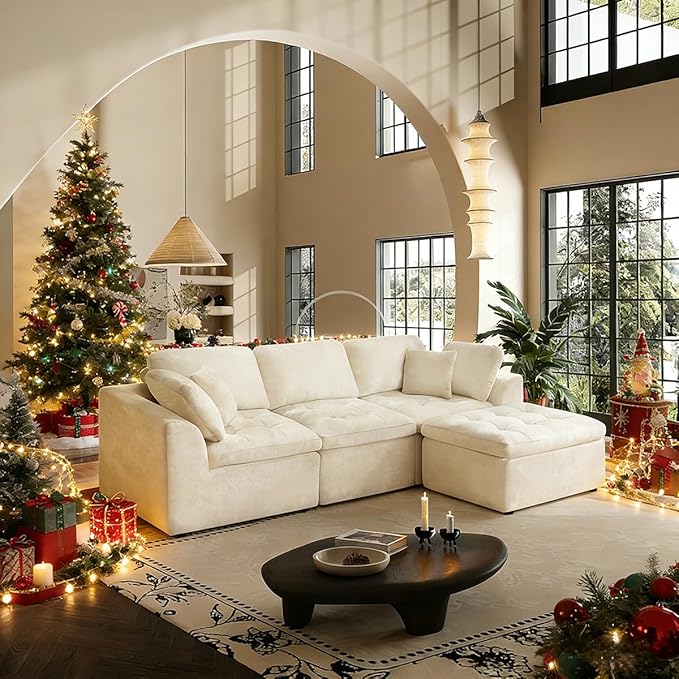 110 Cloud Sectional Couch for Living Room Upholstered L-Shape Modular Sofa with Movable Ottoman 3-Seater Deep-Seat Foam Couch Comfortable Convertible Sectional for Home &amp Apartment（Beige）