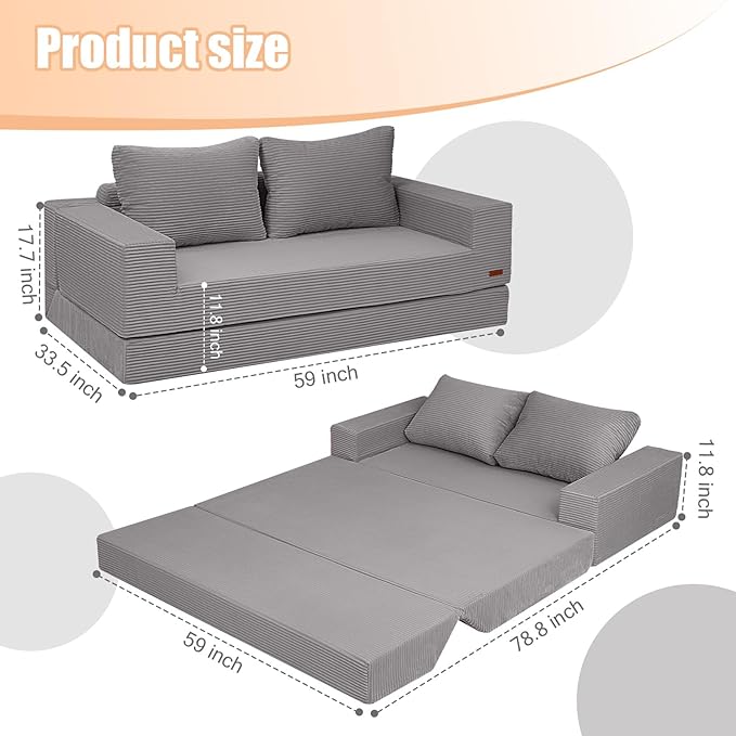 COMAX Convertible Sofa Bed Queen Corduroy Folding Floor Couch Pull Out Couch Bed Futon Sleeper with Pillows Fold Out Boneless Sofa Comfy Lounge Mattress Loveseat for Living Room Bedroom Light Grey