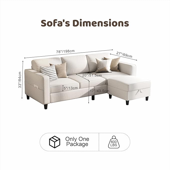 Sectional Sofas Couches for Living Room L-Shaped Couch with Ottoman | 3 Seats Storage Sofa Modern Linen Beige 78“ Small Couch Removable Ottoman