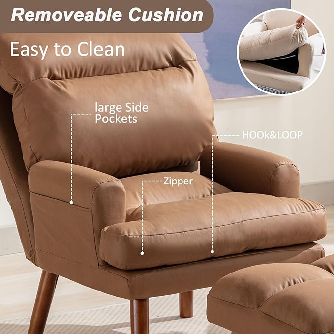 INZOY Accent Chairs with Ottoman Velvet Fabric Armchair with Ottoman for Bedroom Living Room Mid Century Modern Chair with Adjustable Backrest and Side Pockets Camel