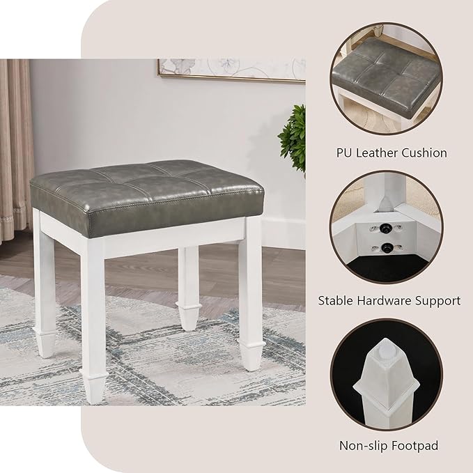 White Makeup Vanity Desk Set with Flip Top Mirror 31.5 Small Vanity Desk with Mirror Dressing Table with 2 Drawers&amp7 Compartments Makeup Table with Hidden Grey Padded Stool for Bedroom Small S