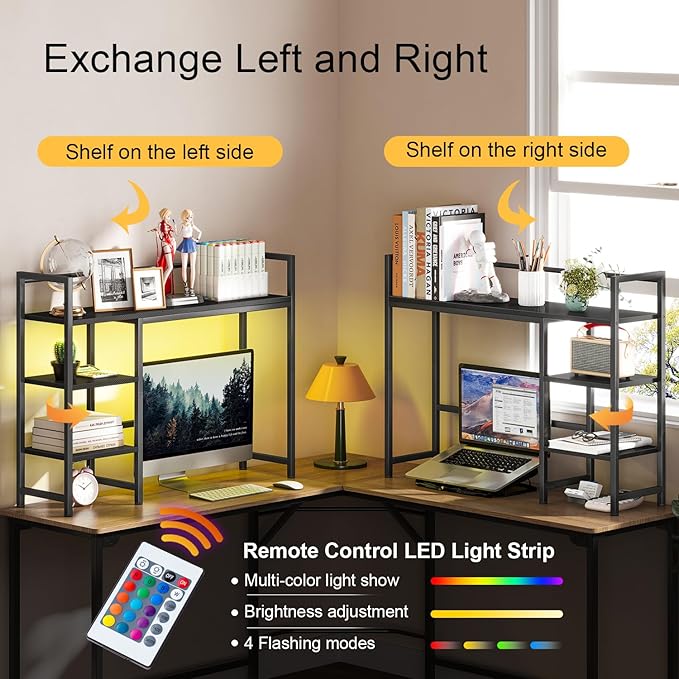 Snughome Desk Shelf with LED Strip 38.6 Desktop Organizer Shelf Desk Hutch for Computer Monitor 4 Tier Desk Display Rack Wood Desktop Bookshelf Storage Rack for Home Office Dorm
