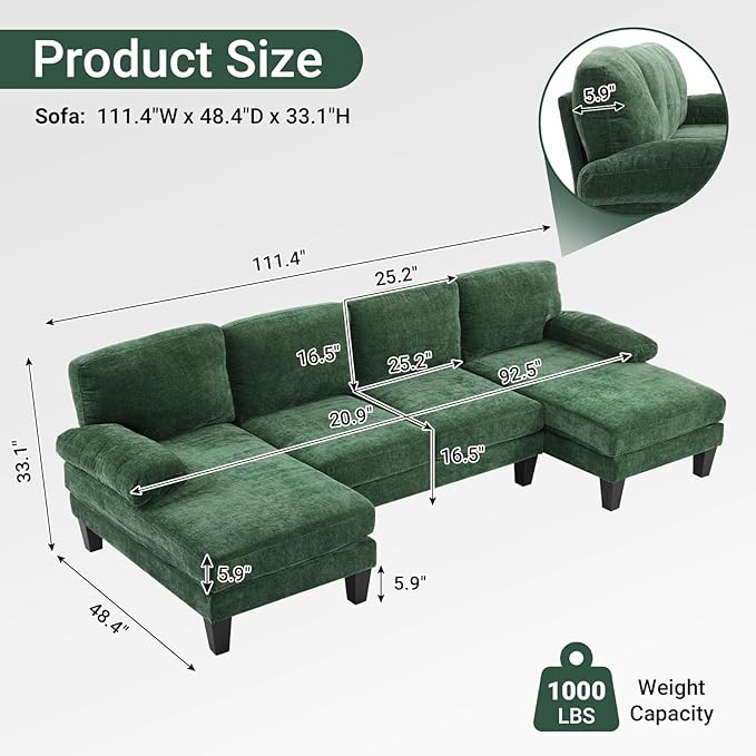 VINGLI 110 Sectional Couches for Living RoomU Shaped Couch with Double Chaise 4-Seat Sofa Set with Chenille Fabric for Home FurnitureForest Green