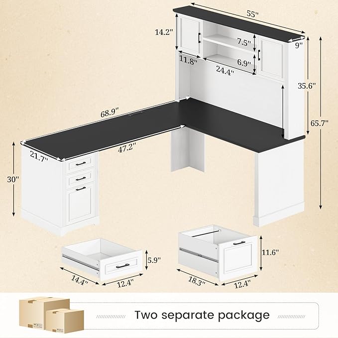 SEDETA Farmhouse L Shaped Desk with Hutch and 3 Drawers 68.9 Executive Office Desk with File Drawer and Power Outlet Corner Computer Desk with Storage Shelves for Home Office White