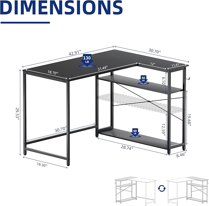 Pamray 43 Inch L Shaped Computer Desk with Reversible Side Storage Shelves Small Corner Desk for Small Space Home OfficeWriting Study PC Table for BedroomOrange