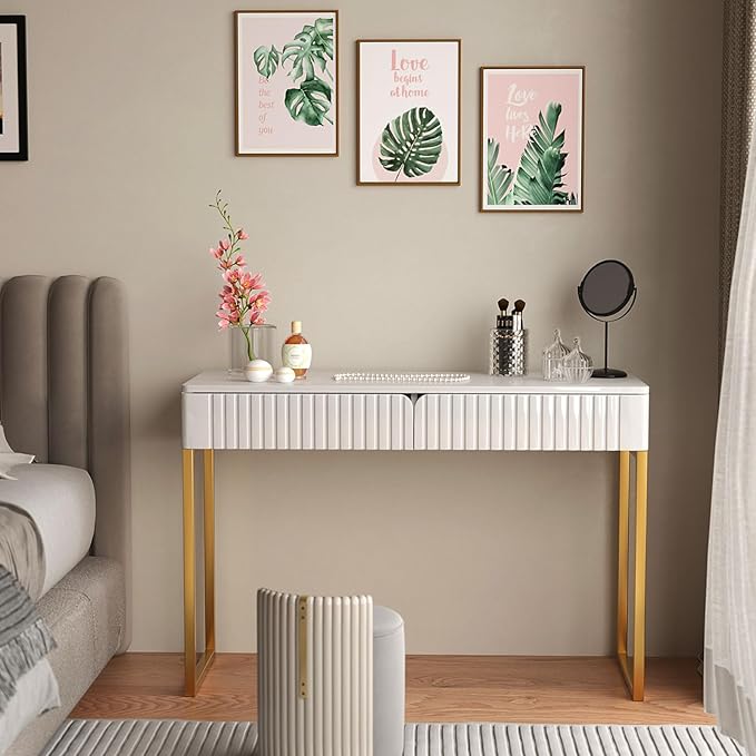 Elegant Modern Desk 2 Drawers Gold Legs 43.3x15.75 inches Home Office Makeup Vanity Computer Writing Study Entryway Sofa Table