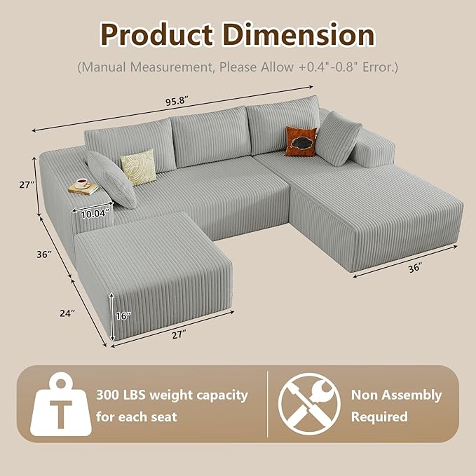 96 U-Shape Cloud Couch Modern Modular Sectional L-Shape Sofa with Ottoman Corduroy Upholstered Couches Deep Seat Chaise Longue for Living Room No Assembly Required(Light Gray Right Facing)