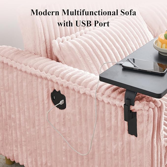 3 in 1 Pull Out CouchCorduroy Upholstered Convertible Sleeper Sofa Bed with Movable Side Table Modern Multifunctional Sofa with USB Port Cushioned Couch for Living Room (Pink)