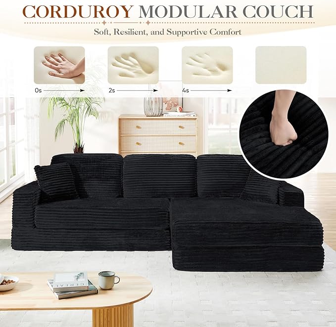 112.6 Oversized Fold Out Couch Bed King 3 in 1 Convertible Modern L Shape Cloud Modular Sectional Comfy Boneless Foam Couch Futon for Living Room No Assembly(Black CorduroyRight Facing Chaise)