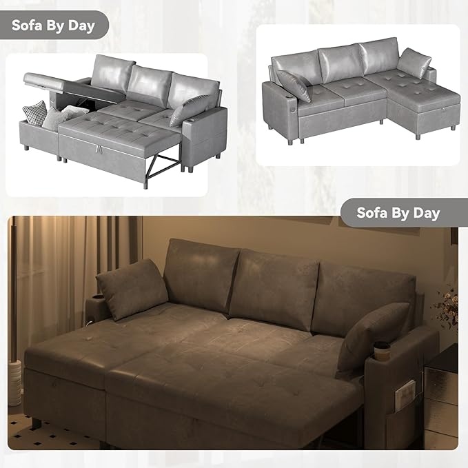 Leather Sleeper Sofa Bed Couch Pull Out Couch with Reversible Storage Chaise Sectional Couches with USB Charging Ports&ampCup Holders for Living Room Grey | USB Storage