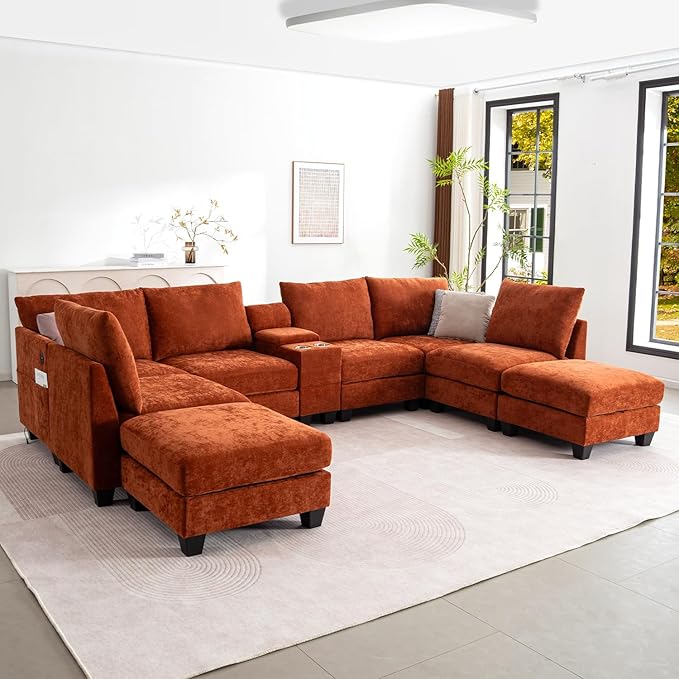 136.4 Modular Sectional Sofa U-Shaped 8 Seater Sectional Sofa with Storage Ottoman Linen L-Shaped Couch Large Cloud Couch with Cup Holders &amp USB for Living Room（Orange