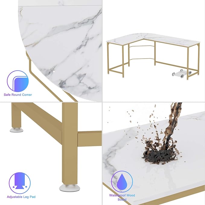 Teraves Reversible L Shaped Desk White - 66.1 Corner Gaming Computer Desk Office Workstation Modern Home Study Writing Table Marble Gold