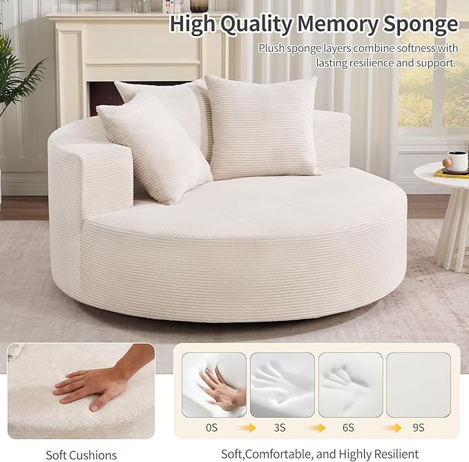 CANMOV Oversized Round Swivel Chaise Longue Chair Indoor Upholstered Corduroy Deep Seat Cloud Large Circle Sofa Chair Modern Single Cloud Sofa Bed for Living Room Bedroom Apartment Office Beige