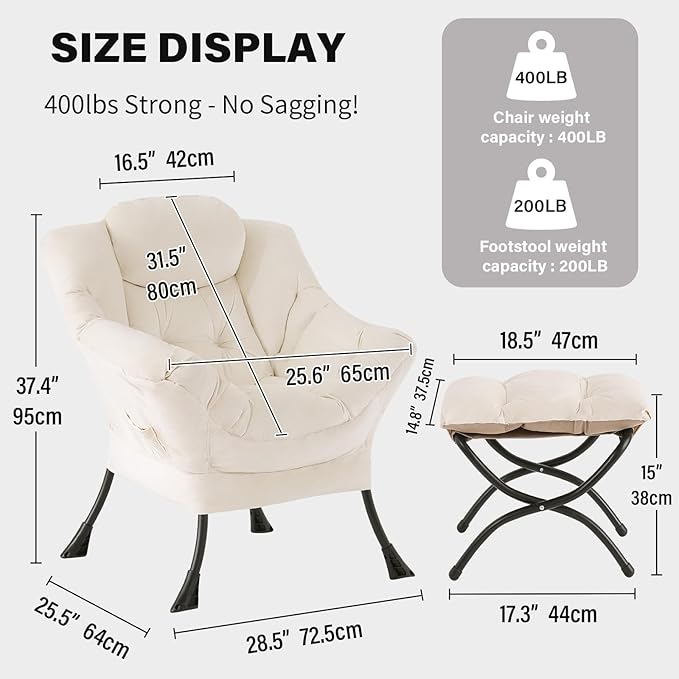 Tiita Lazy Chair with Ottoman Beige Modern Large Accent Chair Comfy Leisure Sofa Armchair with Ottoman Reading Chair with Footrest for Bedroom Living Room Dorm Rooms Velvet Beige