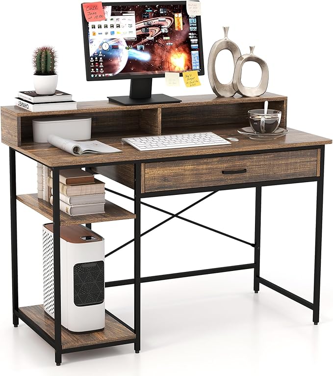 Giantex Computer Desk with Monitor Shelf 48 Home Office Writing Desk with Drawer Storage Shelves CPU Stand Study Desk Table Workstation for Bedrooms Rustic Brown