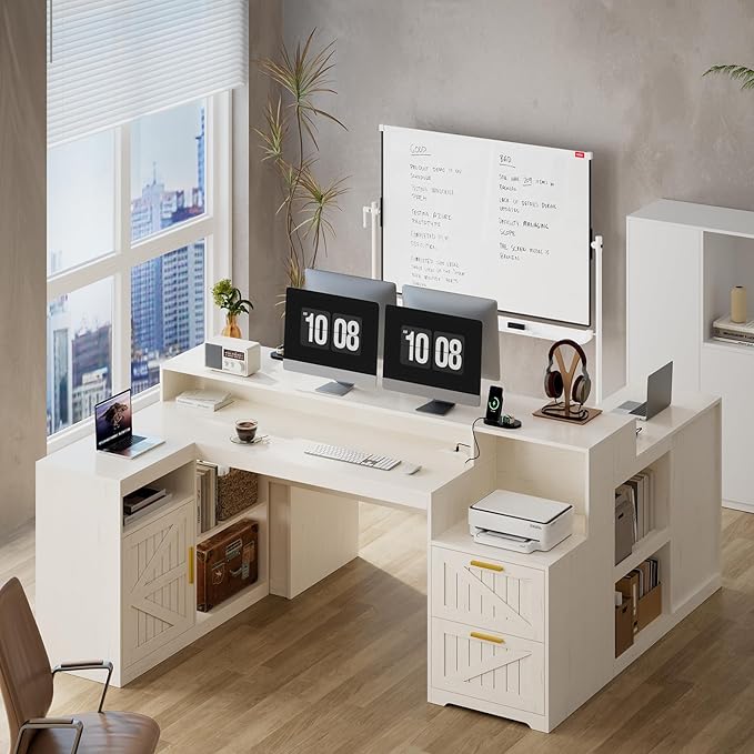 TVU Farmhouse L Shaped Desk with Drawers 62.2 Home Office Desk with Storage Shelves and Power Outlet L Shaped Computer Desk with Monitor Stand and Printer Shelf White