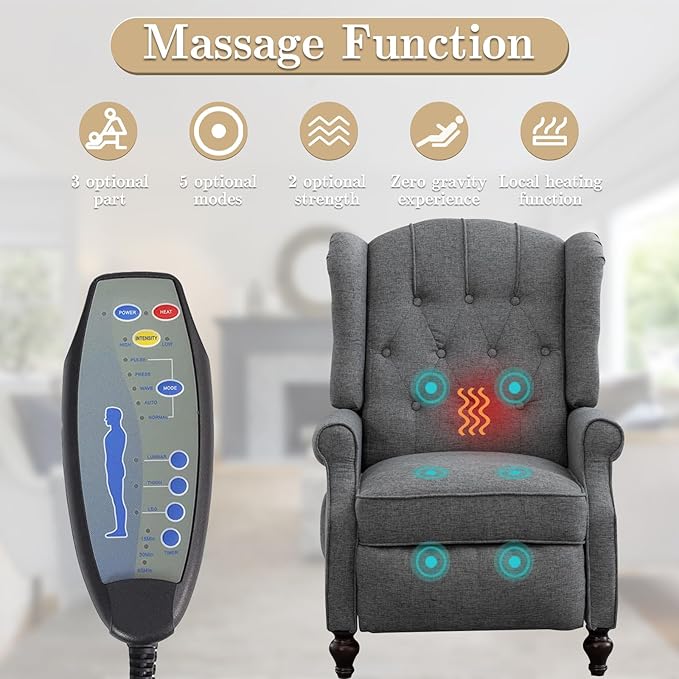 Pushback Recliner Chair Linen Elizabeth Tufted Armchair Accent Chair with Massage &ampHeat Mid Century Modern Wingback Single Sofa Chairs for Living Room Small Space Home Theater (Light Grey)
