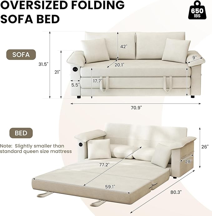 SUNWAVE 77 Loveseat Sleeper Sofa Convertible Sofa Bed 2-Seat Pull Out Couch w/USB Chenille Folding Sofa Bed for Living Room Small Spaces Bedroom (Ivory) | 9 Wider Amrest Breathable Chenille Stay