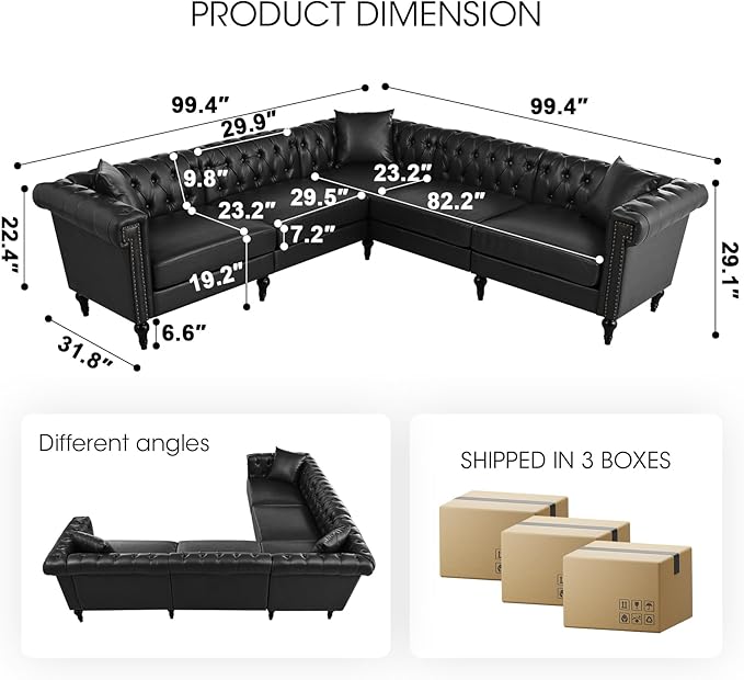 99.4 X 99.4 L Shaped Couch Faux Leather Sectional Couch with Three Pillows Chesterfield L Shaped Sofa 5 Seat PU Leather Sectional Couches for Living Room Black