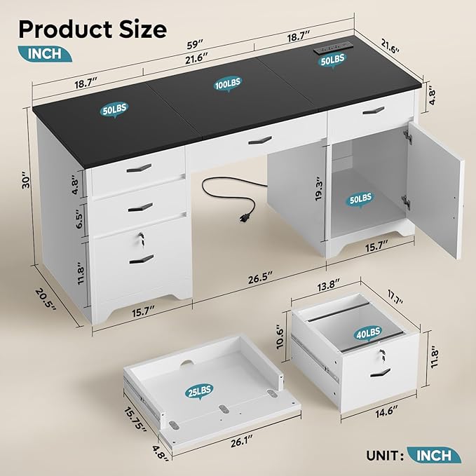 Bestier 59” Office Desk with Lockable Drawers Modern Computer Desk with File Drawer Charging Station &amp Drop-Front Keyboard Drawer Executive Desk with Storage Cabinet for Home Office &amp Studi