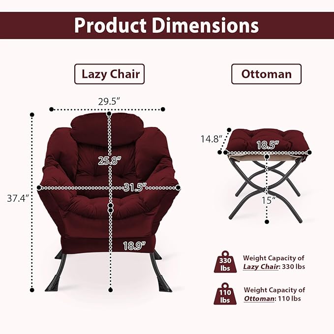 Lazy Chair with Folding Ottoman Accent Chair Velvet Upholstered with Metal Structure and Non-Slip Pads Sofa Armchair with Footrest and Side Storage Bag for Dorm Room Office Burgundy