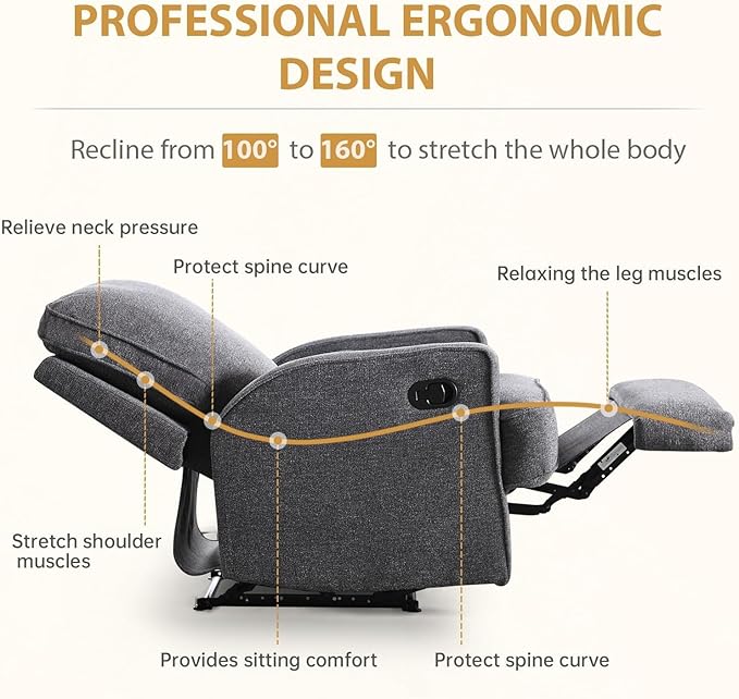 Classic Manual Recliner Chair for Adults Soft Fabric Overstuffed Single Reclining Sofa Chair with Padded Backrest Heavy Duty Recliners for Living Room BedroomGrey