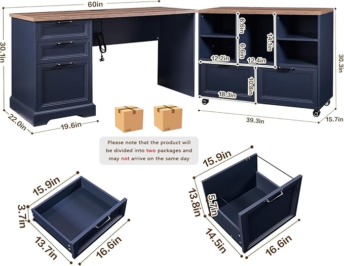 60 Farmhouse Executive Desk and 40 Mobile File Cabinet CombinationL Shaped Executive Desk with Charging StationHome Office Desk for Office WorkHome Study (Blue)