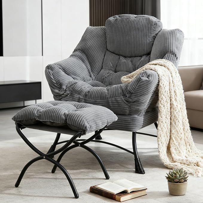 Oversized Lazy Chair with Ottoman for Adults Chair and Ottoman Set Modern Skinny Lounge Chair with Footrest Wide Reading Chair for Living Room Comfy Accent Armchair for Small Spaces Dark Gray
