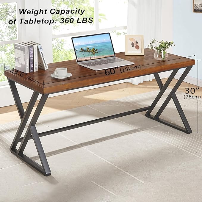 Real Wood Computer Desk Home Office Solid Wood Writing Desk Farmhouse Long Natural Wood Executive Work Desk Industrial Rustic Wooden Metal PC Gaming Office Table Workstation Brown 60 in