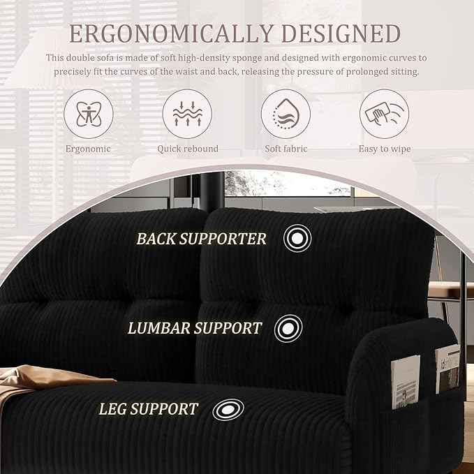 Corduroy Loveseat for Living Room &amp Bedroom - Modern 2-Seater Sofa with Storage PocketsSolid Wood Frame High-Density FoamComfortable Compact Couch for Small Spaces500 lb Capacity (Black)