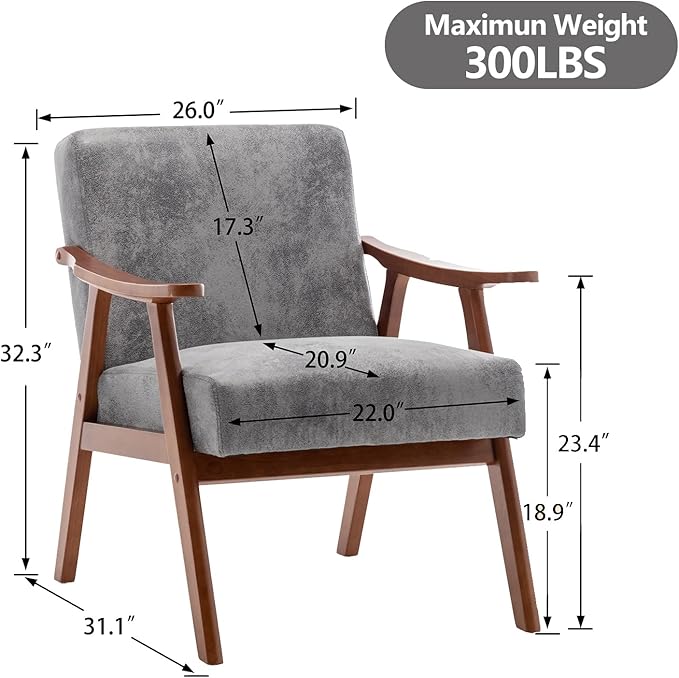 Fefances Mid-Century Modern Accent Chair - Solid Wood Frame Ultra-Thick Backrest Wingback Design Perfect for Bedroom &amp Indoor Lounge AreaGrey