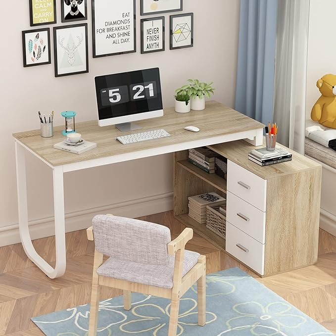 Homsee Home Office Computer Desk Corner Desk with 3 Drawers and 2 Shelves 55 Inch Large L-Shaped Study Writing Table with Storage Cabinet - Walnut and White