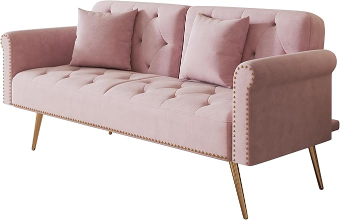 Convertible Futon Sofa Bed  Adjustable Sleeper Couch Modern Velvet Tufted Recliner Reversible Loveseat Folding Daybed Guest Bed Sofacama w/ Nailhead Trim and Golden Metal Legs for Living Room Office