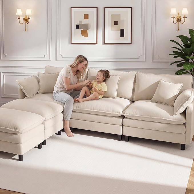 110 U-Shaped Modular Sectional Couch Modern Cloud Couch with Ottoman 5-Seat Chenille Sofa with Pillows Deep Seat Comfy Couch for Living Room Bedroom Beige