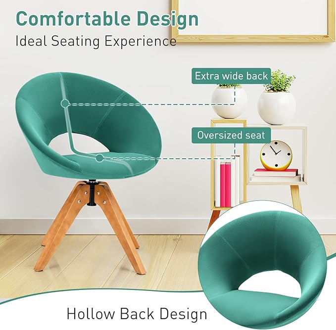 Giantex Swivel Accent Chair Modern Office Chair with Wood Legs Oversized Upholstered Seat Round Tufted Back Velvet Vanity Chair for Living Room Bedroom Green