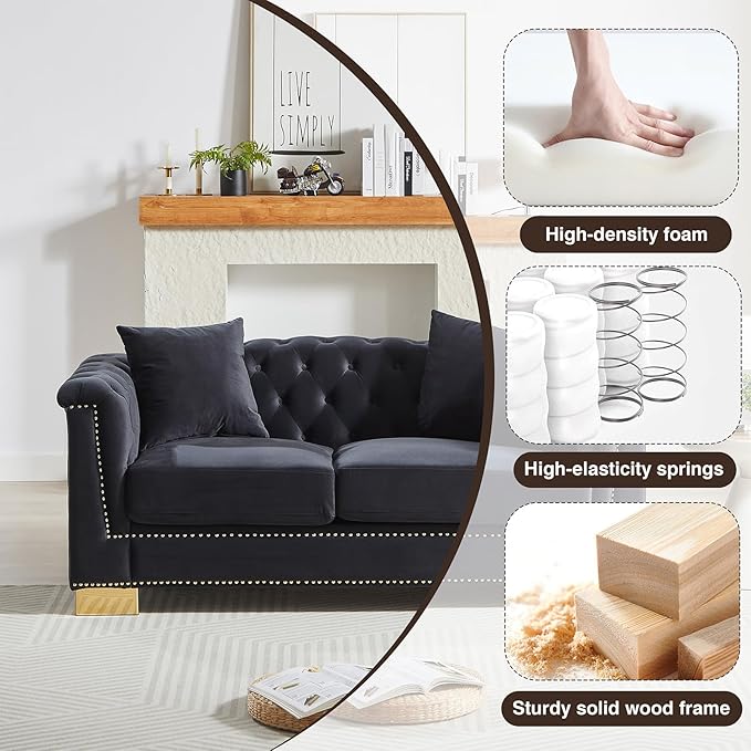 62 inch Chesterfield Loveseat Sofa 2 Seater Mid Century Modern Sofa Couch with Gold Rivet Decoration Cloud Comfy Velvet Upholstered Button-Tufted Couch for Living Room Office Black
